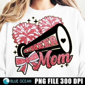 Mamá animadora con purpurina roja PNG: Diseño de camiseta de animadora (descarga digital)