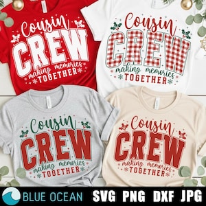 May include: Four short-sleeved t-shirts with the text "Cousin Crew" in red and white. The shirts are red, white, grey, and tan. The text "making memories together" is below the word "crew".