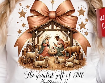The greatest Gift of all PNG, Bow Nativity Png, Coquette Christmas Sublimation, Bow Manger png, Christian, Jesus Manger PNG, Matthew 1:21