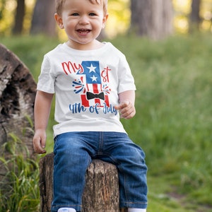 May include: A toddler wearing a white t-shirt with a red, white, and blue graphic that says "My 1st 4th of July" with a bow tie and fireworks. The toddler is sitting on a tree stump in a grassy area.