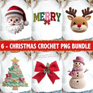 May include: A collection of six white t-shirts, each featuring a unique Christmas-themed crochet design. Designs include Santa Claus, a reindeer, a Christmas tree, a bow, a snowman, and the word "MERRY". The text "6 - CHRISTMAS CROCHET PNG BUNDLE" is also present.