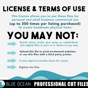 May include: A blue and white graphic with the text "LICENSE & TERMS OF USE" and "YOU MAY NOT:" followed by a list of restrictions on the use of digital files. The text "BLUE OCEAN PROFESSIONAL CUT FILES" is at the bottom of the graphic.