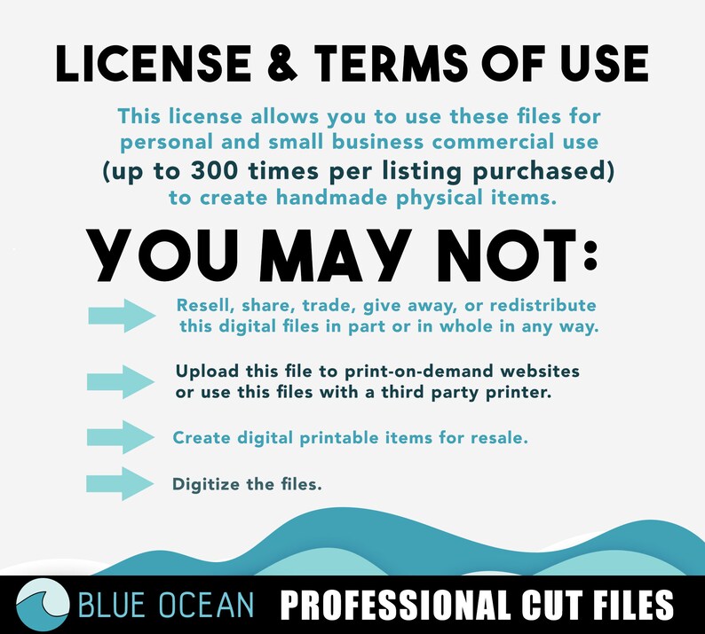 May include: A blue and white graphic with the text "LICENSE & TERMS OF USE" and "YOU MAY NOT:" followed by a list of restrictions on the use of digital files. The text "BLUE OCEAN PROFESSIONAL CUT FILES" is at the bottom of the graphic.