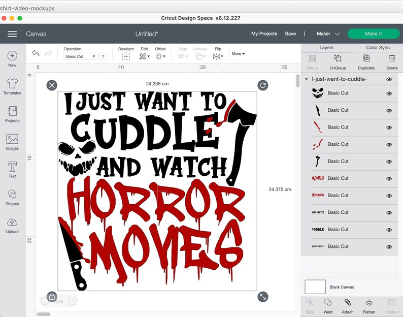 May include: A black and red graphic design for a t-shirt that says "I just want to cuddle and watch horror movies". The design includes a scary face, a knife, and an axe.