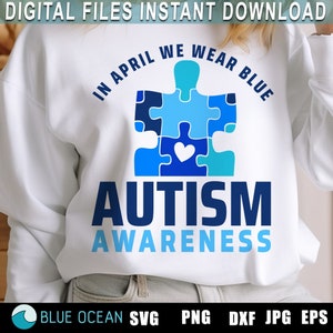 Autismebewustzijn SVG, Autisme SVG, In april dragen we blauwe SVG, Autisme-puzzelstukshirtontwerp
