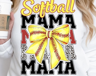 Retro Softball Mama PNG: Leopard Bow Design (Digital Download)