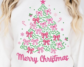 Merry Christmas Coquette Pink Bow Tree SVG PNG (Digital Download)