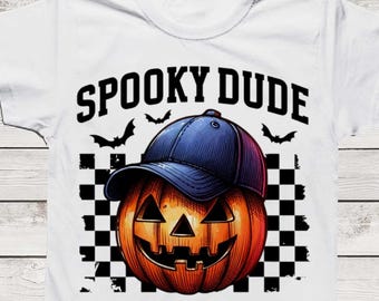May include: A digital illustration of a pumpkin wearing a blue baseball cap with a checkered background. The text "Spooky Dude" is above the pumpkin.