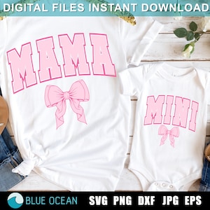 May include: Two white t-shirts with pink lettering and bows. The larger shirt says "MAMA" and the smaller shirt says "MINI".