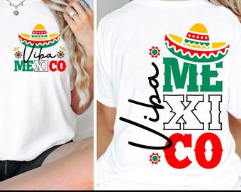Può includere: T-shirt bianca con un vivace design a sombrero e le parole "Viba Mexico" in rosso, verde e giallo. Il design è sulla parte anteriore e posteriore della maglietta. La maglietta ha anche il testo "BLUE OCEAN SVG PNG DXF JPG EPS".
