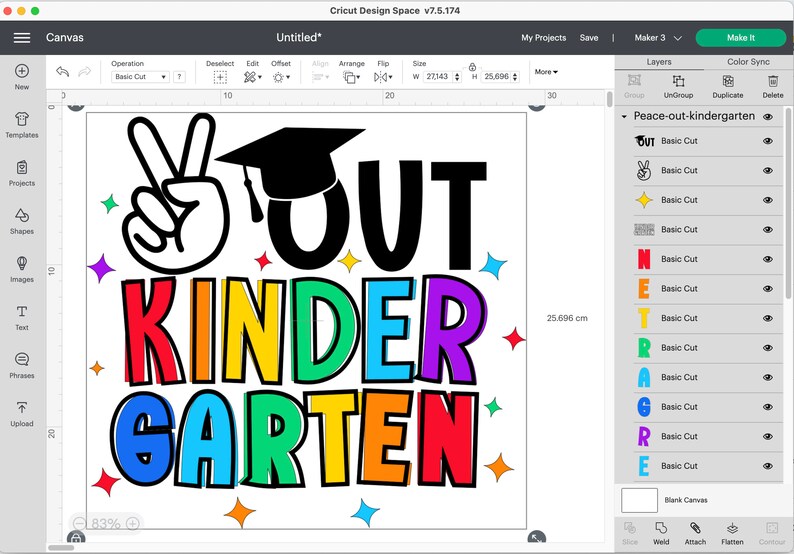 May include: Peace out kindergarten! A black and white peace sign with a graduation cap, and the words "Peace Out Kindergarten" in rainbow colors. The letters are outlined in black.
