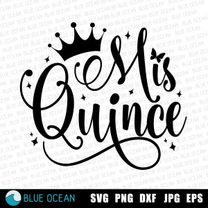 May include: Black and white graphic design with a crown and the text "Mis Quince" with a butterfly.