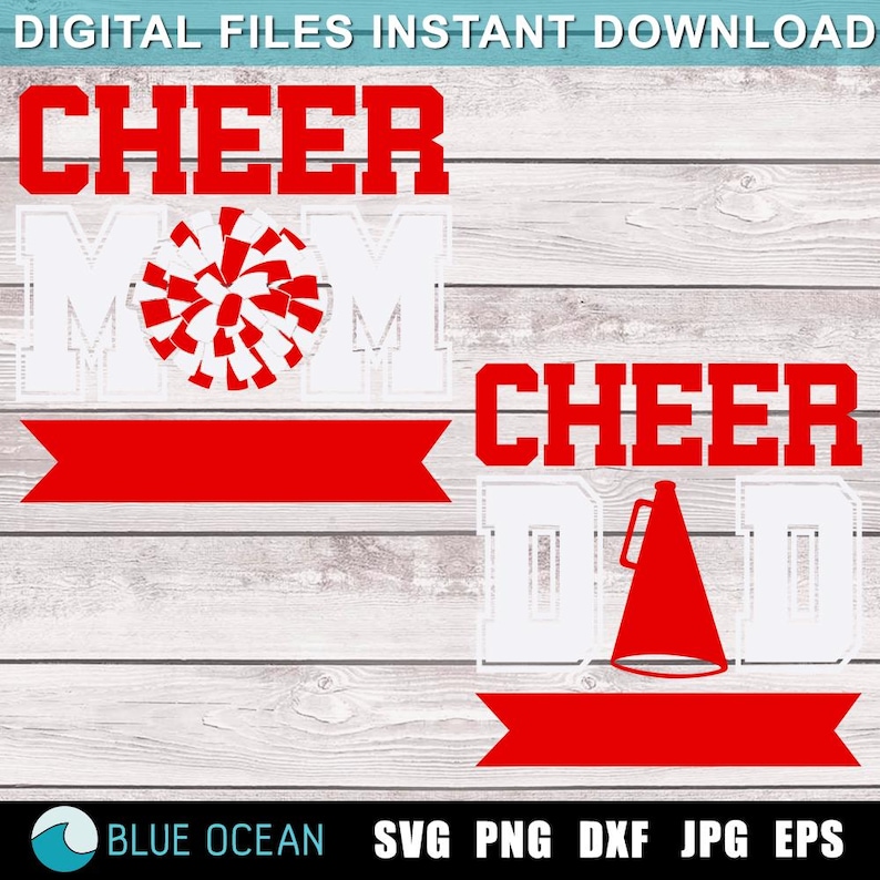 Pode incluir: Arquivos de corte SVG Cheer Mom e Cheer Dad. O design apresenta letras brancas com contornos vermelhos e um pompom vermelho e um megafone.
