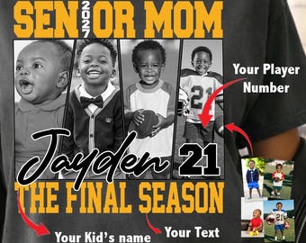 Camiseta personalizada com foto para mãe de jogador de futebol americano ou basquete, com número do jogador e estilo retrô para formatura de 2027.