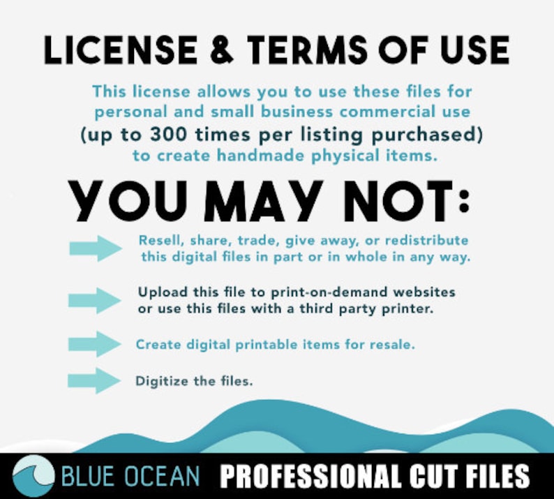 May include: A blue and white graphic with the text "LICENSE & TERMS OF USE" and "YOU MAY NOT:" followed by a list of restrictions on the use of digital files. The text "BLUE OCEAN PROFESSIONAL CUT FILES" is at the bottom of the graphic.