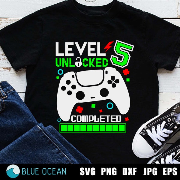 Level 5 Unlocked Birthday Svg, 5th Birthday Boy Gamer Svg, Gamer Birthday Svg, Birthday gamer shirt svg