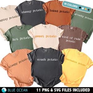Pode incluir: Uma coleção de dez camisetas de manga curta e gola redonda em várias cores, incluindo creme, carvão, laranja, verde, marrom e amarelo. Cada camiseta apresenta uma estampa de texto única como spicy potato, cheesy potato, baked potato, grouchy potato, hot potato, sweet potato, kind of rude potato, sleepy potato, couch potato e sarcastic potato.