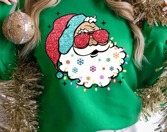 Santa with Sunglasses PNG: Glitter Lights Design (Digital Download)