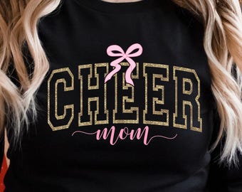 Cheer Mom PNG: Pink Bow, Glitter Design (Digital Download)
