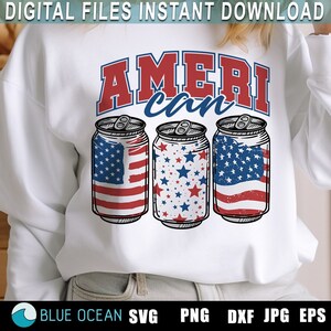 May include: Three red, white, and blue American flag-themed aluminum cans with the word "Ameri can" in red and blue letters above them.