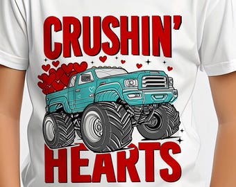 Camión monstruo de San Valentín para niño, PNG SVG, Corazones aplastantes, Camiseta de San Valentín para niño pequeño (descarga digital)