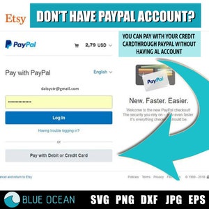 Puede incluir: Captura de pantalla de una p&aacute;gina de pago de Etsy que muestra una opci&oacute;n de pago de PayPal. El texto dice "&iquest;No tienes una cuenta de PayPal? Puedes pagar con tu tarjeta de cr&eacute;dito a trav&eacute;s de PayPal sin tener una cuenta." La p&aacute;gina tambi&eacute;n muestra un bot&oacute;n para iniciar sesi&oacute;n en PayPal, un bot&oacute;n para pagar con d&eacute;bito o cr&eacute;dito, y un bot&oacute;n para cancelar y volver a Etsy.