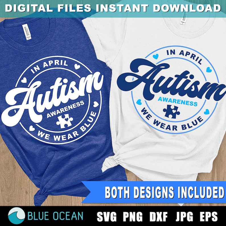 Puede incluir: Dos dise&ntilde;os de camisetas con un c&iacute;rculo azul con texto blanco que dice "En abril, conciencia del autismo, usamos azul". El texto est&aacute; en un estilo de fuente retro. Un dise&ntilde;o tiene un c&iacute;rculo blanco en una camiseta azul y el otro tiene un c&iacute;rculo azul en una camiseta blanca. Ambos dise&ntilde;os incluyen una pieza de rompecabezas azul.