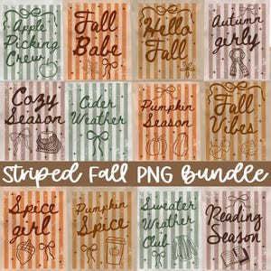 May include: A digital collection of twelve rectangular graphics featuring vertical stripes in muted autumn tones. Each graphic displays unique cursive text such as Apple Picking Crew, Fall Babe, Hello Fall, Autumn girly, Cozy Season, Cider Weather, Pumpkin Season, Fall Vibes, Spice girl, Pumpkin Spice, Sweater Weather Club, and Reading Season, accompanied by seasonal line art icons.