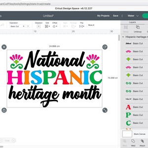 May include: A design for a National Hispanic Heritage Month sign. The design includes the words "National Hispanic Heritage Month" in black script font with the word "Hispanic" in colorful letters. The design also includes a pink and green floral design.