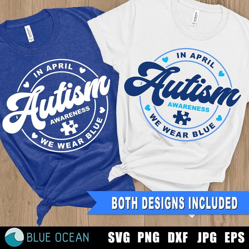 Puede incluir: Dos dise&ntilde;os de camisetas con un c&iacute;rculo blanco con el texto "En abril, conciencia del autismo, usamos azul" en un esquema de color azul y blanco. El texto est&aacute; en una fuente estilizada con un s&iacute;mbolo de pieza de rompecabezas.