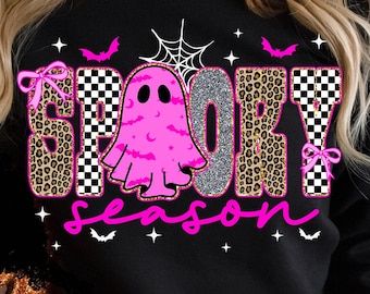 Retro Glitter Spooky Season PNG - Checkered Leopard Halloween Coquette Girly Shirt, Instant Download