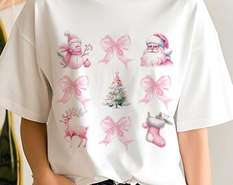 Coquette Christmas PNG: Pink Bow Santa, Retro Sublimation Design (Digital Download)