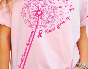 SVG PNG de dente-de-leão para conscientização sobre o câncer de mama, nunca desista, fita rosa, luta contra o câncer de mama, sublimação para Cricut