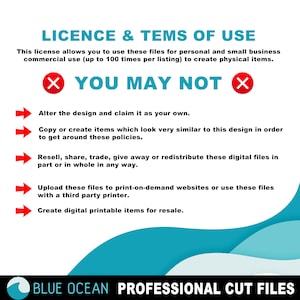 May include: A blue and white graphic with the text "LICENCE & TEMS OF USE" and a list of what is allowed and not allowed when using the digital files. The text "YOU MAY NOT" is in red with a red X on either side. The graphic is on a blue background.