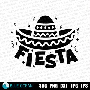 May include: Black and white silhouette of a sombrero with the word "FIESTA" in a bold, stylized font. The sombrero has a wavy brim and a patterned crown. There are small stars and confetti around the sombrero.