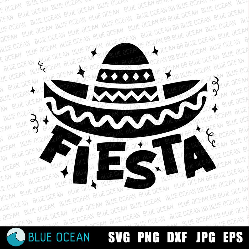 May include: Black and white silhouette of a sombrero with the word "FIESTA" in a bold, stylized font. The sombrero has a wavy brim and a patterned crown. There are small stars and confetti around the sombrero.