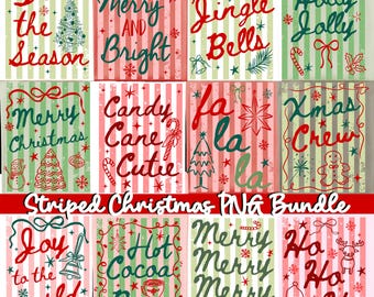 Pacote de PNGs natalinos listrados retrô, designs de sublimação Coquette, camiseta feminina de Natal, Época de Natal, Azevinho, Azevinho, Fa la la, Ho ho ho