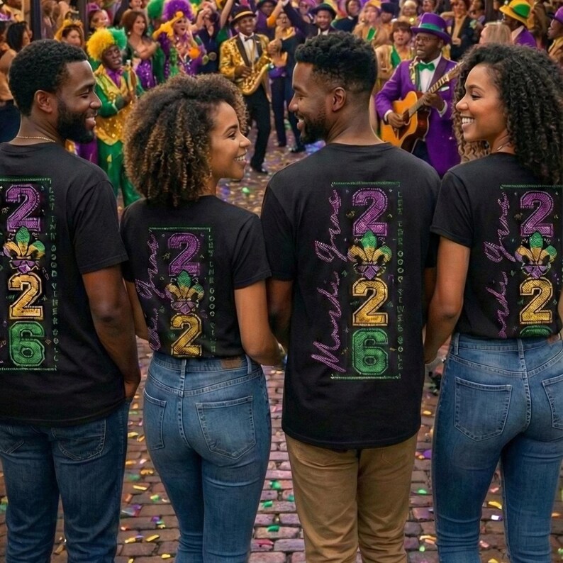 Op de afbeelding: Vier mensen dragen zwarte t-shirts met een kleurrijk "226 Mardi Gras"-ontwerp op de rug, met een fleur-de-lis. Ze staan voor een menigte mensen in feestelijke kleding, die vieren.
