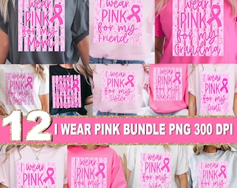 Pacote de imagens PNG para conscientização sobre o câncer de mama: "Eu visto rosa pela minha mãe, avó, bisavó e irmã" - 12 designs listrados em PNG (Download digital)