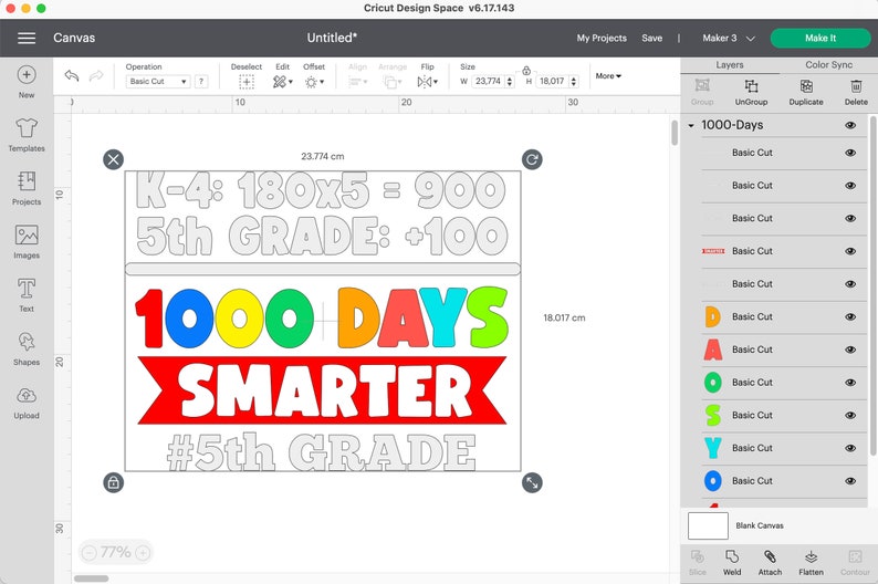 K&ouml;nnte beinhalten: Ein digitales Design f&uuml;r ein Schulprojekt mit dem Text "1000 DAYS SMARTER" in leuchtenden Farben. Das Design enth&auml;lt den Text "K-4: 180x5 = 900" und "5th GRADE: +100", mit einem roten Banner und dem Hashtag "#5th GRADE". Das Design ist 23,774 cm breit und 18,017 cm hoch.