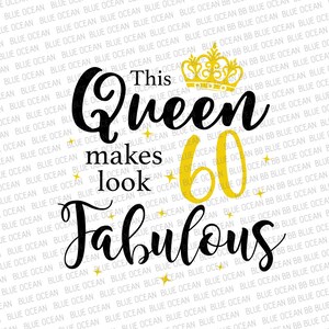 Op de afbeelding: Deze koningin maakt 60 jaar er fantastisch uitzien. De tekst is zwart met een gouden kroon en het getal 60 in goud.