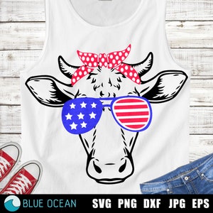 4th of July cow SVG, Cow with american flag sunglasses, Patriotic cow SVG,  American flag cow cut files
