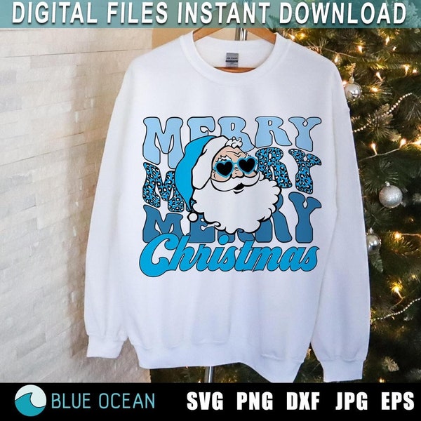 Merry Christmas SVG, Blue Christmas SVG, Groovy Christmas SVG, Santa Png, Blue Santa Png