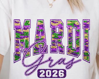 Mardi Gras 2026 Glitter Retro Varsity Shirt PNG Sublimation Digital Download