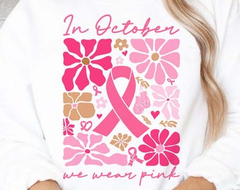 Boho Floral Breast Cancer Awareness Ribbon PNG SVG (Digital Download)