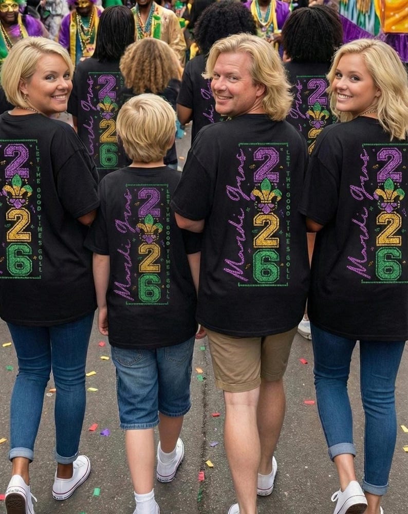 Op de afbeelding: Een groep mensen draagt zwarte t-shirts met een Mardi Gras-ontwerp. Het ontwerp bevat het nummer "226" in paars, goud en groen, samen met de woorden "Mardi Gras" en "Let the Good Times Roll".