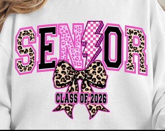 Senior 2026 Leopard Checkered Bow PNG: download digitale preppy