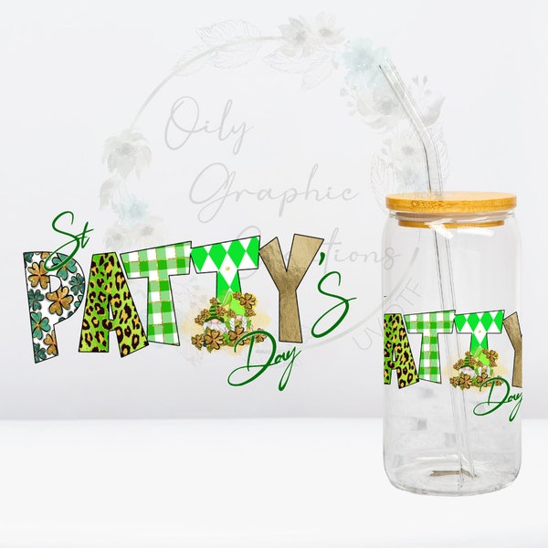 St. Patty's Day UV DTF Wrap, 16oz Glass Can Wrap, Glass Cup, Transfer, Ready to Apply, Green, St. Patricks Day, Shamrocks, Clovers