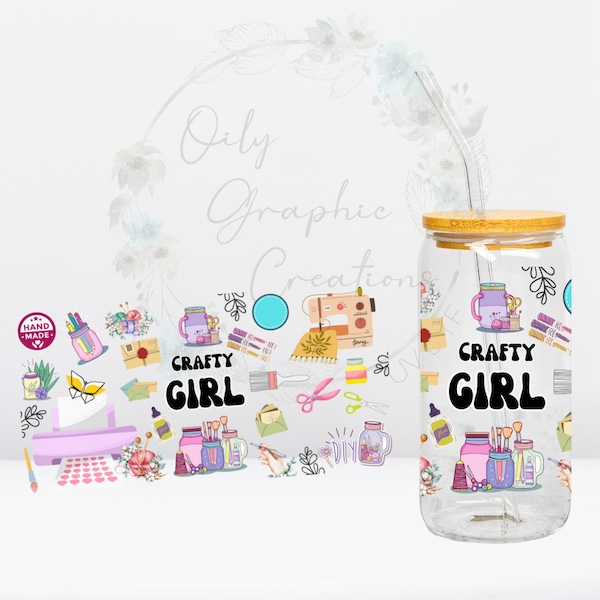 Crafty Girl Pattern UV DTF Wrap, 16oz Glass Can Wrap, Glass Cup, Transfer, Ready to Apply, Crafty, Girl, Glue, Sticker, Sewing, Crafting