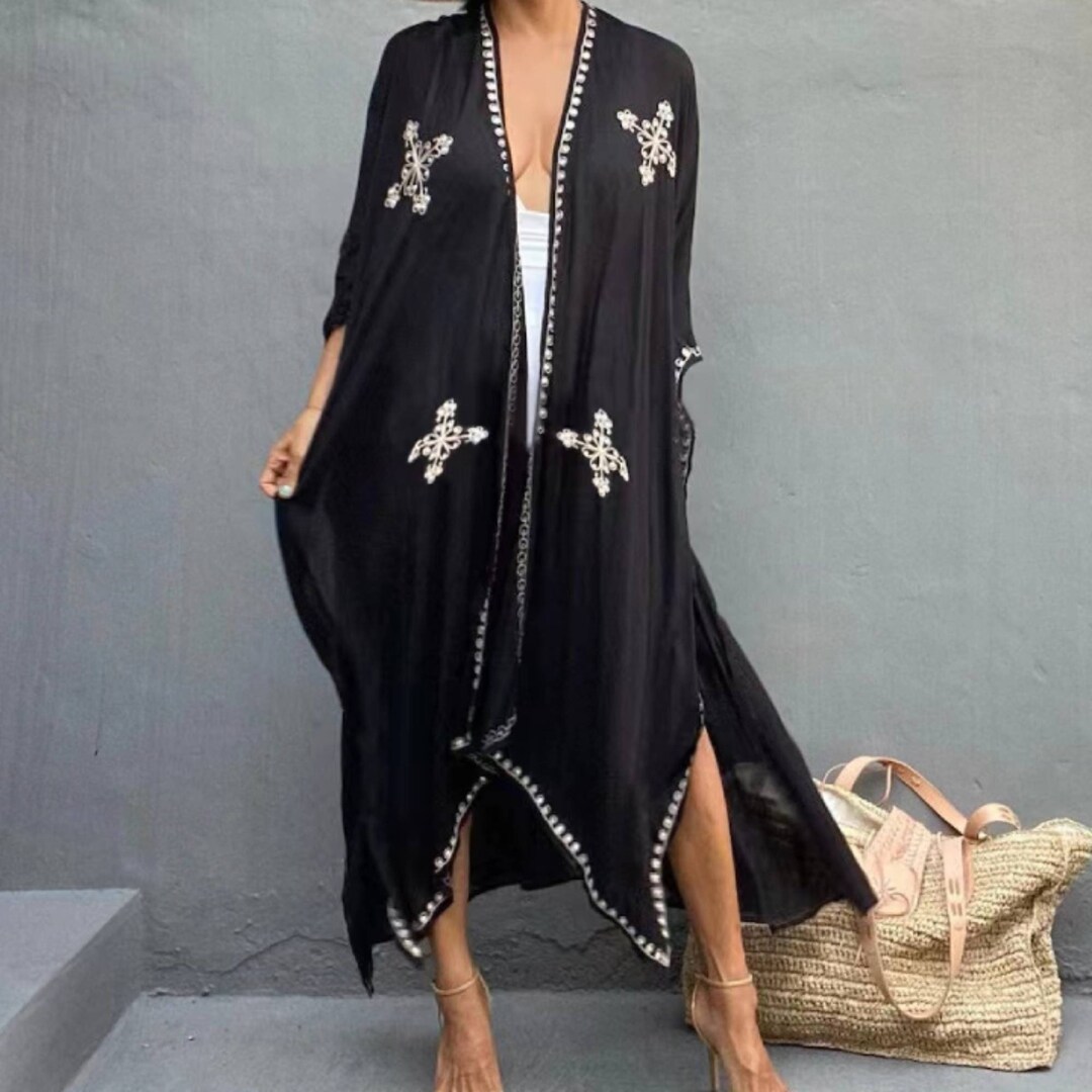 Black Embroidered Kimono Cardigan, Boho Long Sleeve Kimono Jacket